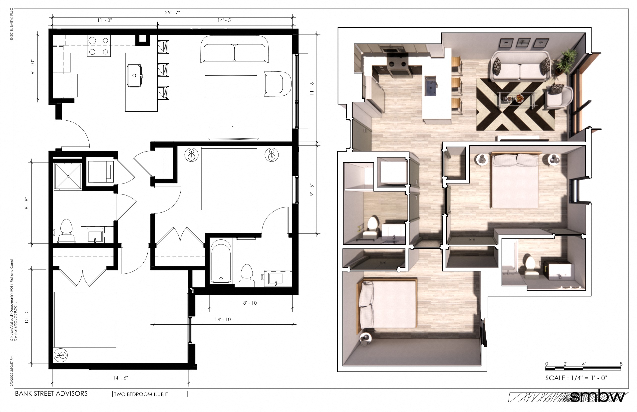 Floor plan for 2 beds, 2 baths, 872 sqft